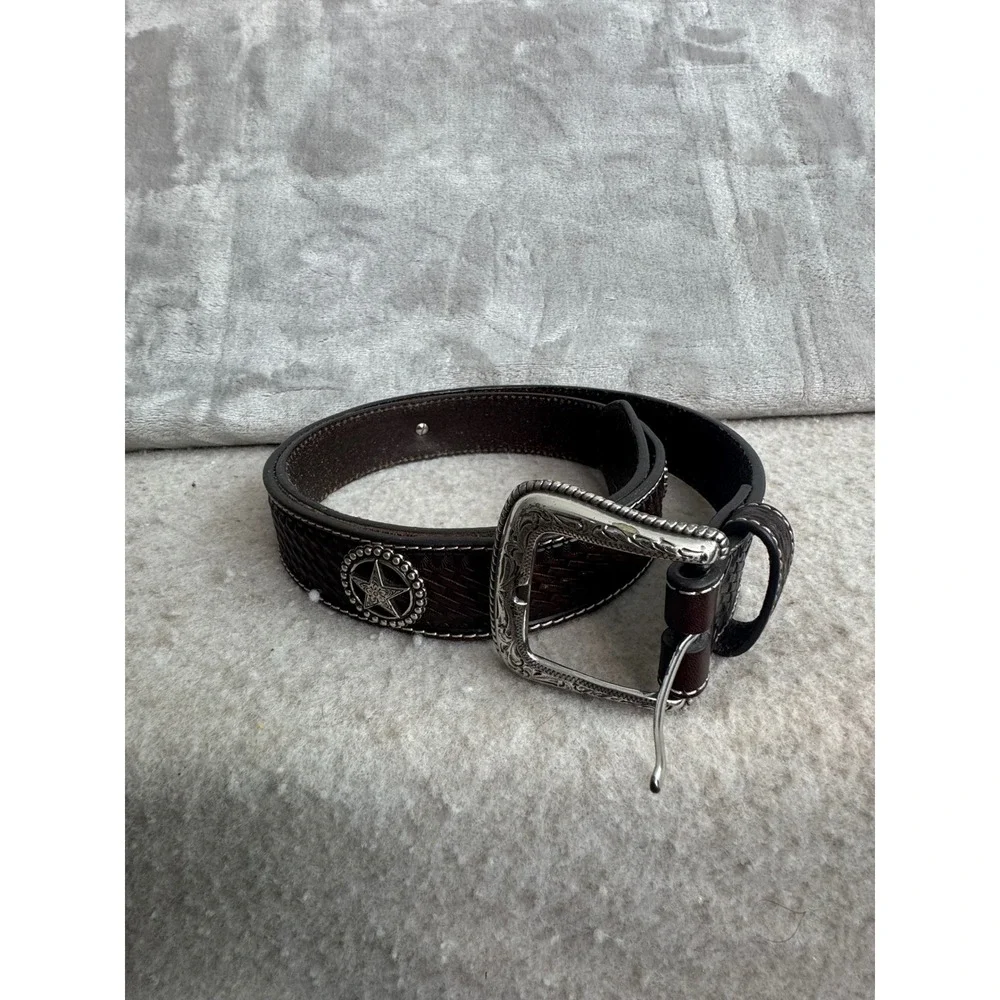Cavender's Mens Brown Leather Basketweave Western‎ Star Concho Belt Size 40